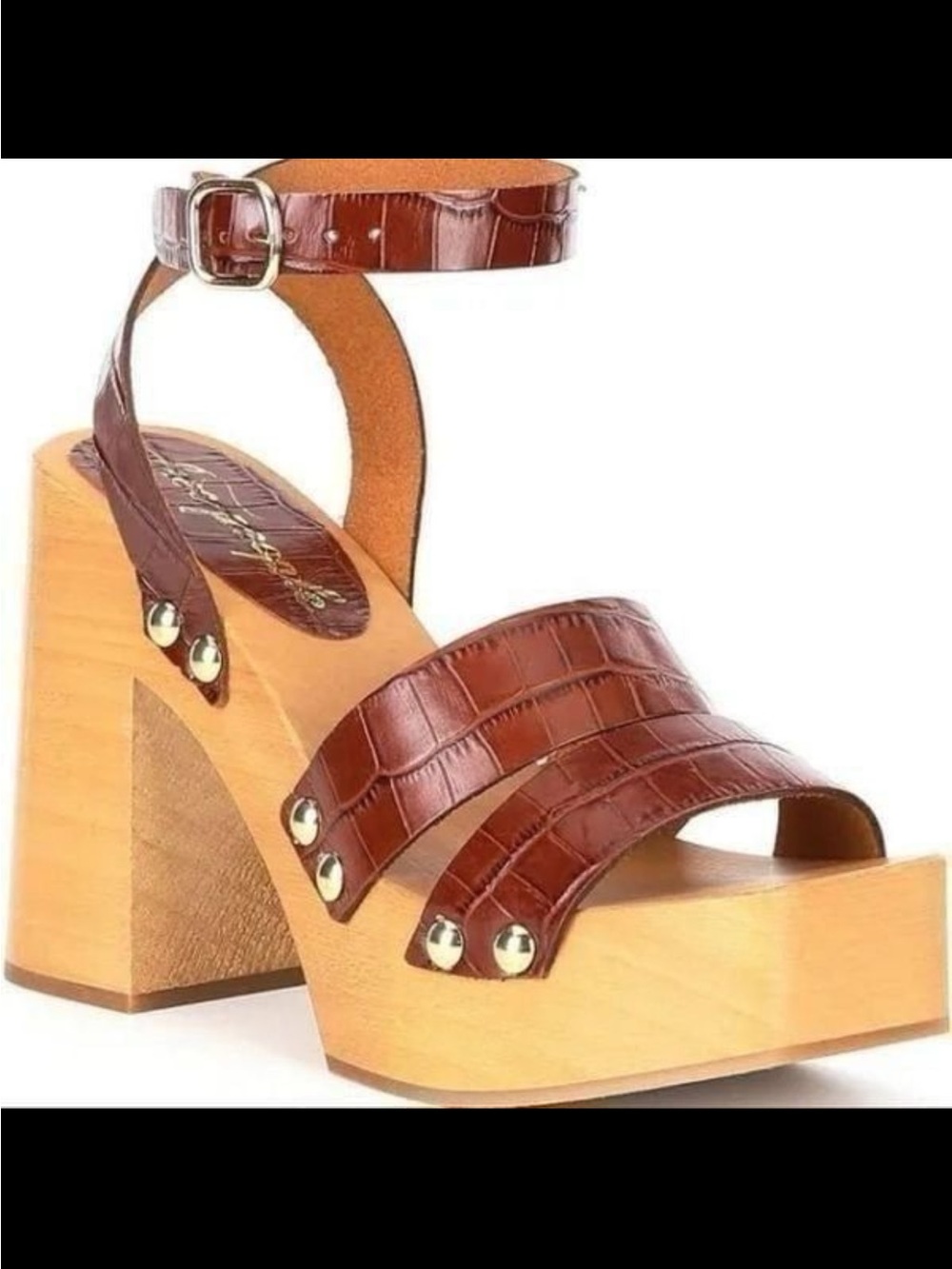 Free People Brown Croc-Embossed Leather Platform Sandal with Ankle Strap